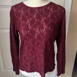 Liz Claiborne - Long Sleeve Floral Lace "Lizwear" Tee Shirt - Maroon (Size: M)